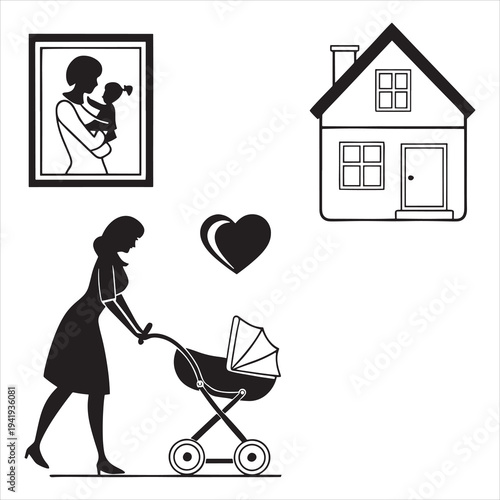family love line icon set with mother child home