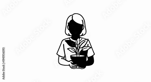 A simple black and white line drawing of a person holding a potted plant