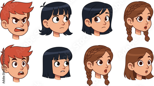Vector illustration set of diverse cartoon children avatars showing different facial expressions and emotions like anger sadness and surprise isolated on white
