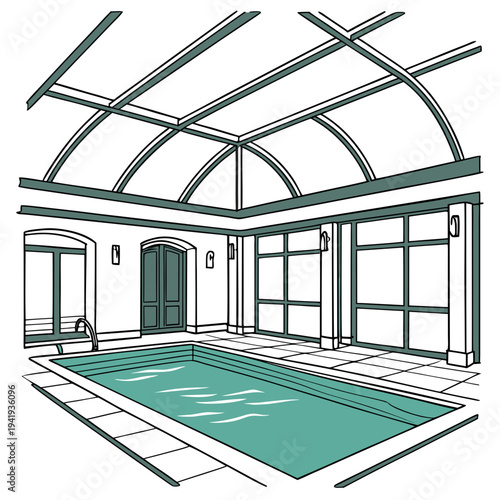 Indoor pool with glass roof and white walls teal water