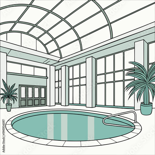 Indoor pool with glass roof and plants swimming pool