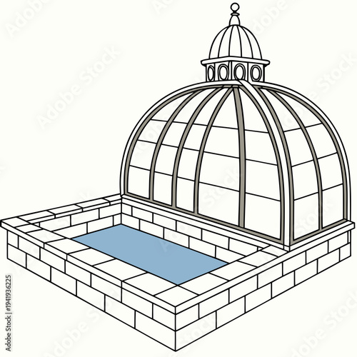 Glass conservatory with brick base and blue floor glass dome