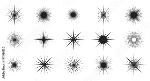 A collection of diverse starburst shapes and sparkling effects depicted as a dark silhouette high quality