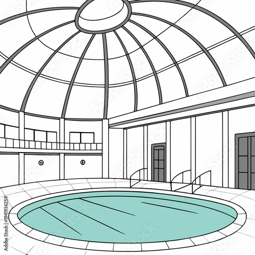 Indoor circular pool with domed ceiling and white walls
