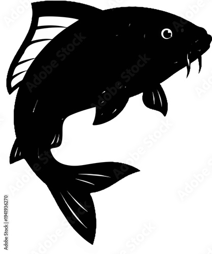 A silhouette of a koi fish with white accents, depicted in a stylized, artistic manner