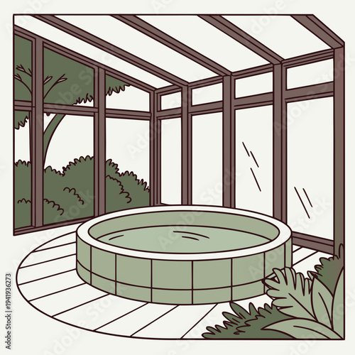 Indoor hot tub in glass conservatory with green tile and plants