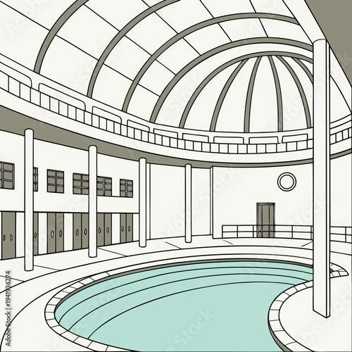 Indoor circular pool with white walls and columns indoor pool