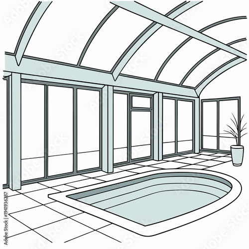 Indoor pool with glass enclosure and plant curved roof