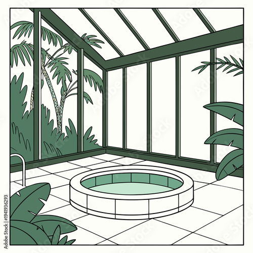 Indoor hot tub with green tile and palm trees outside