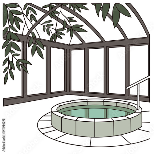 Indoor hot tub in greenhouse with plants indoor pool