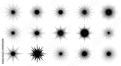 A collection of abstract starburst shapes in black and white displayed against a clean backdrop silhouette