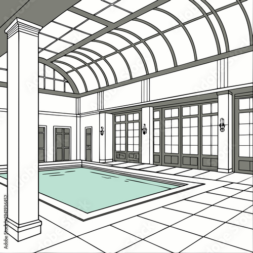Indoor pool with glass roof and white walls column