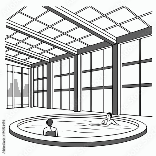 Indoor pool with glass roof and walls two people glass walls