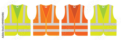 Safety Vest Set with Reflective Stripes in Green, Orange, and Yellow Colors, High Visibility Worker Uniform Mockup, Road Construction Safety Clothing, Industrial Protective Gear Vector Illustration