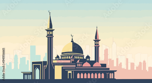 Islamic Mosque Building with Minarets and Dome.