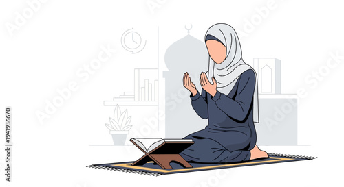 Woman in Hijab Praying on Prayer Mat.