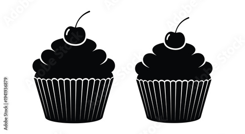 Two black cupcake silhouettes with cherry toppings against a stark white background silhouette high quality professional