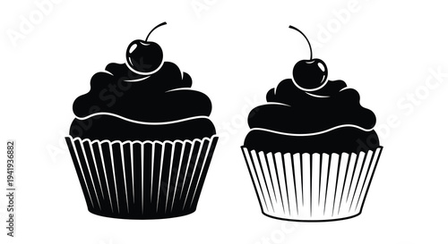 Two dark chocolate cupcakes with cherries on top presented as a bold silhouette high quality professional