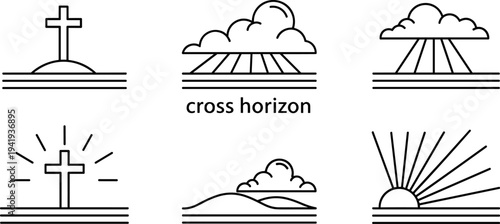 Collection of minimalist line art icons representing religious and natural elements on a horizon