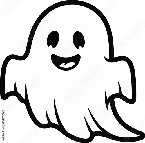 A simple, black and white cartoon illustration of a happy ghost