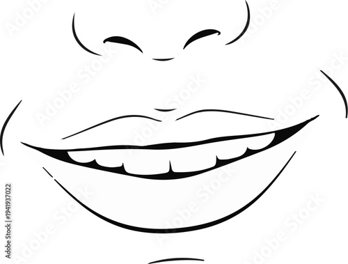 A simple black and white line drawing of a smiling mouth and nose