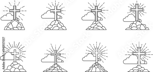 Christian cross on rocky hill with sunburst and clouds, set of icons