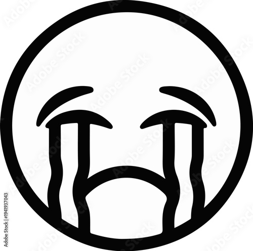 A simple black and white emoji face with tears streaming down its cheeks