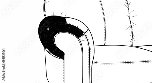 A detailed line drawing of the armrest and part of a cushioned armchair