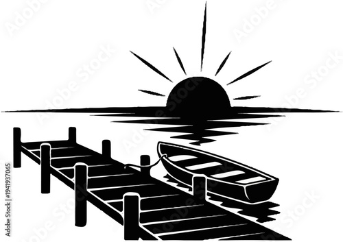 A simple black and white graphic depicting a boat tied to a dock at sunset