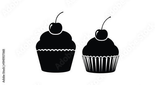 Two black cupcake silhouettes with stems and detailed wrappers against a white background silhouette high quality