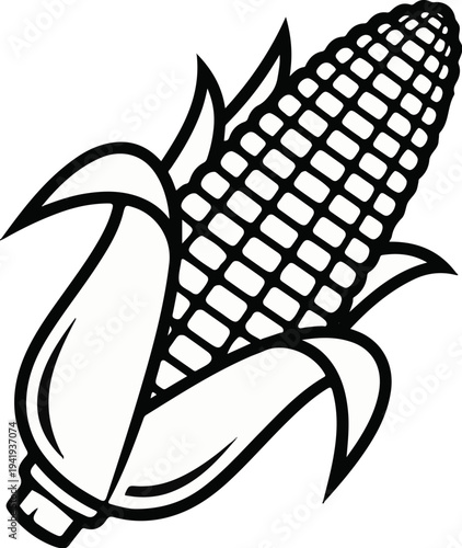 A simple black and white illustration of a corn cob with husks