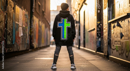 Young Boy Standing with Backpack Featuring Cross Symbol.