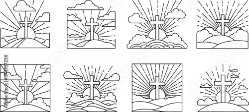 Collection of Christian cross symbols with sunburst and clouds in minimalist line art style