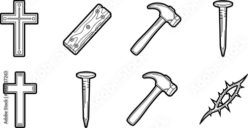 Religious symbols and tools for construction and crucifixion, a collection of icons