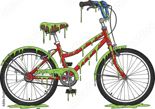 Red mountain bike vector illustration covered in dripping neon green slime isolated on white background with toxic melting goo art style