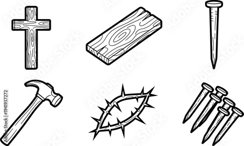 Religious symbols of the crucifixion: cross, nails, hammer, wood, and crown of thorns