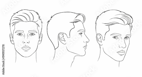 A line drawing displays three views of a man's head, showing front, side, and three-quarter profiles