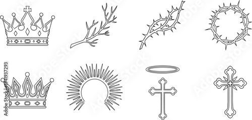 Collection of religious symbols including crowns, crosses, halo, and thorns