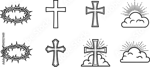 Collection of Christian symbols including crown of thorns and crosses with sunbursts and clouds