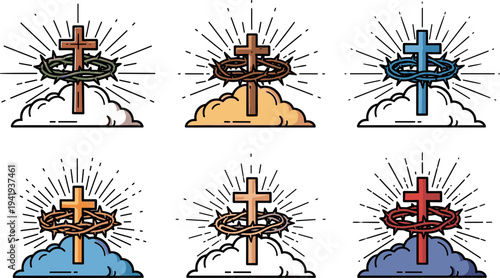 Christian cross with crown of thorns and sunburst on clouds, religious symbols