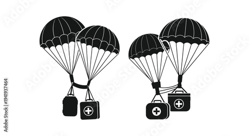 Three parachutes with cargo boxes descend depicting aid delivery in a stark silhouette high quality professional