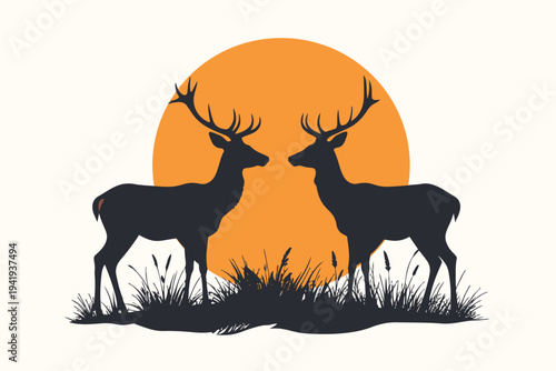 A wild stag silhouette art illustration featuring a majestic antlered elk and forest animals in a nature vector drawing
