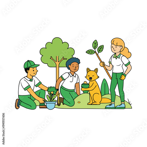 Young people and fox planting trees and caring for nature environment