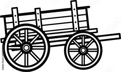 A simple, black and white line drawing of an old-fashioned horse-drawn wagon