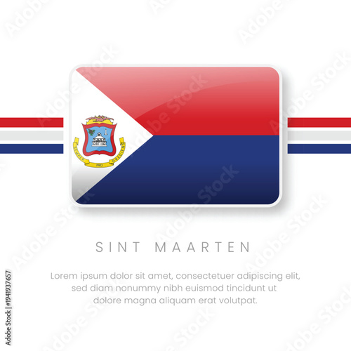 Vibrant 3D glossy button icon of the Sint Maarten flag. Featuring the national coat of arms with the Philipsburg courthouse and pelican. Ideal for Caribbean travel and digital designs.