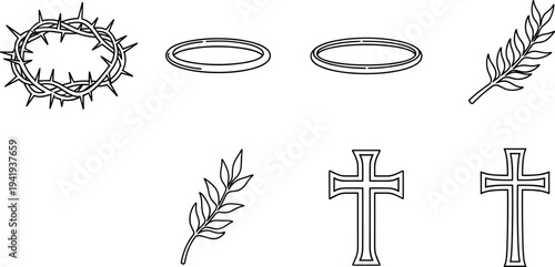 Collection of Christian symbols including crown of thorns, halos, crosses, and olive branches