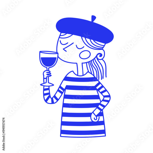 French Woman Drinking Wine Beret Character Doodle Illustration