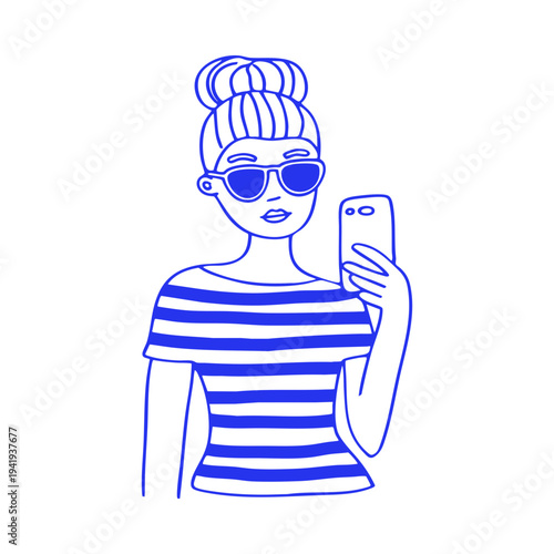 Girl Using Smartphone With Glasses Doodle Illustration