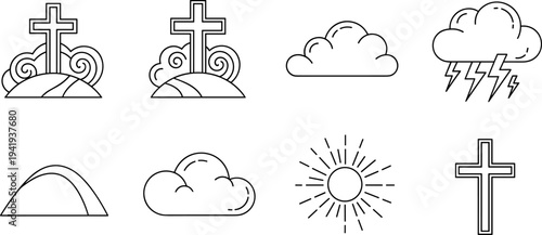 Collection of Christian religious symbols and weather icons in a simple line art style