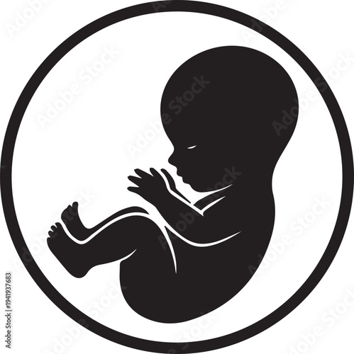 Black and white silhouette of a fetus inside a circular frame baby embryo pregnancy